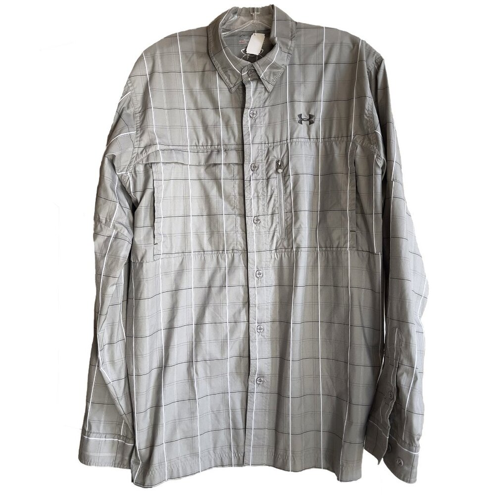 UNDER ARMOUR Gray Plaid Fish Hunter Plaid Long Sleeve Shirt XL/TG/EG